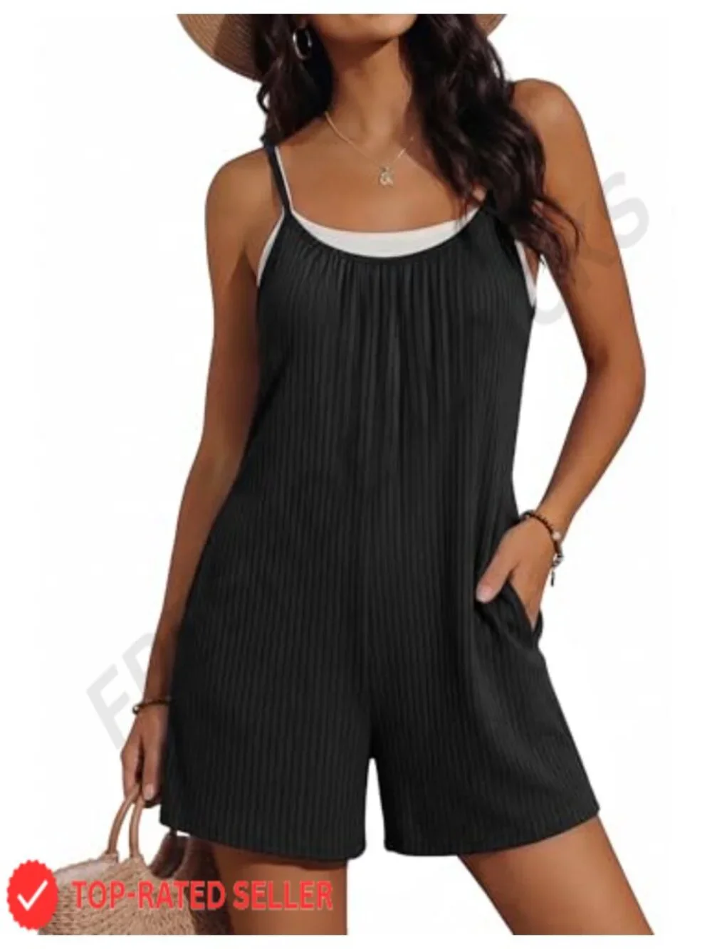 Women's Sleeveless Ribbed Romper Jumpsuit with Pockets Adjustable Strap Summer